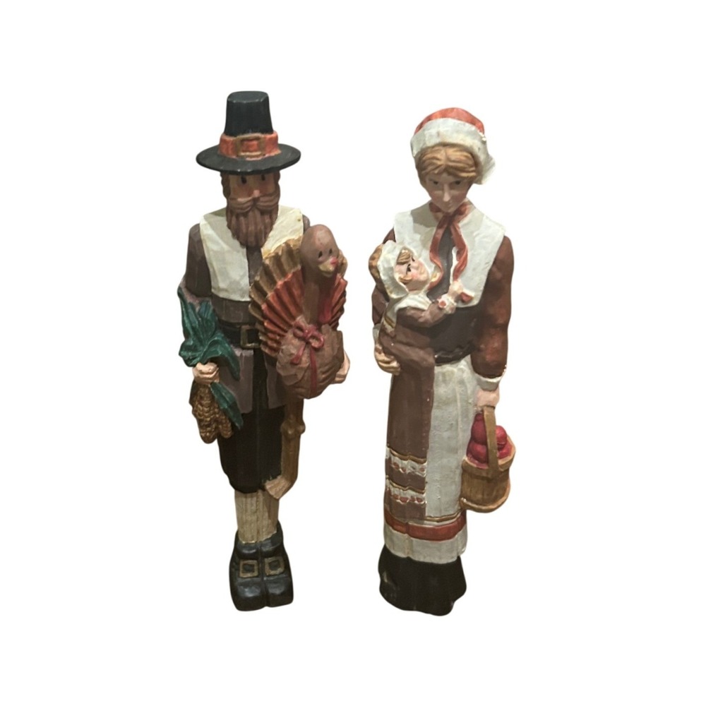 Vintage Pilgrim Figurine Set Thanksgiving Decor Brown Folk Art Resin‎ Holiday